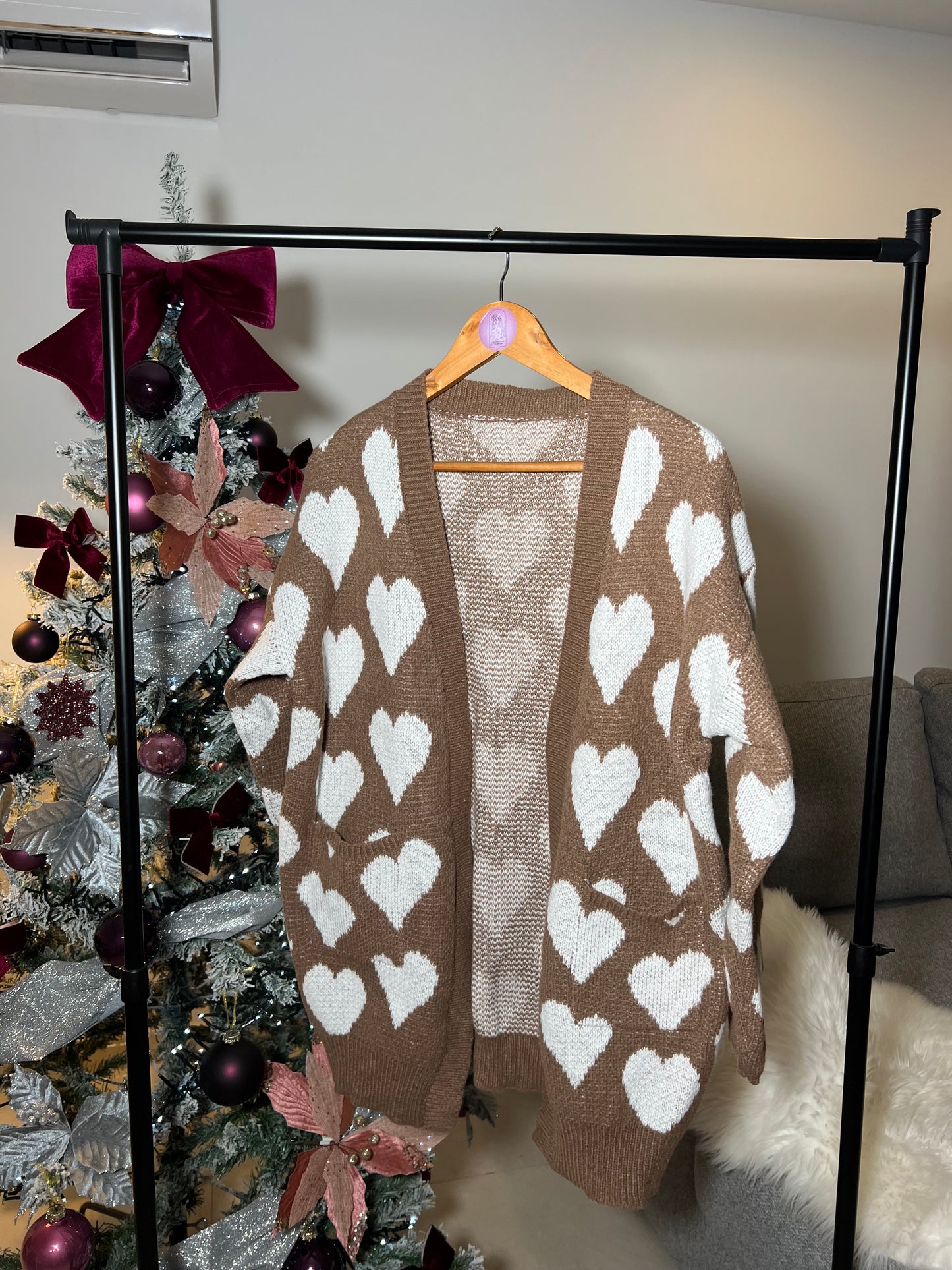 Allover Heart Pattern Dual Pocket Cardigan