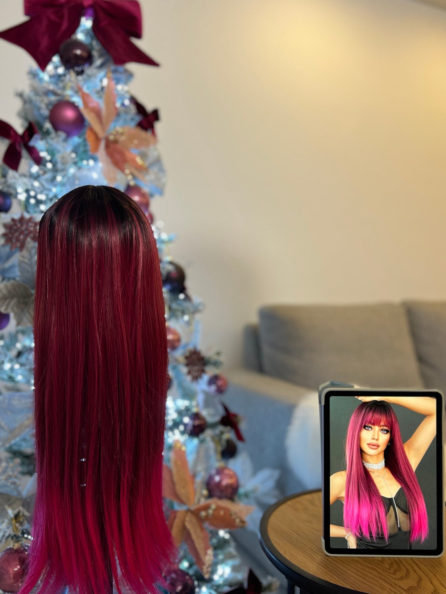 Ombre Rose Red Long Hair Wig