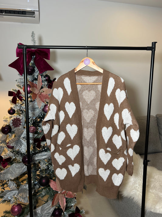 Allover Heart Pattern Dual Pocket Cardigan